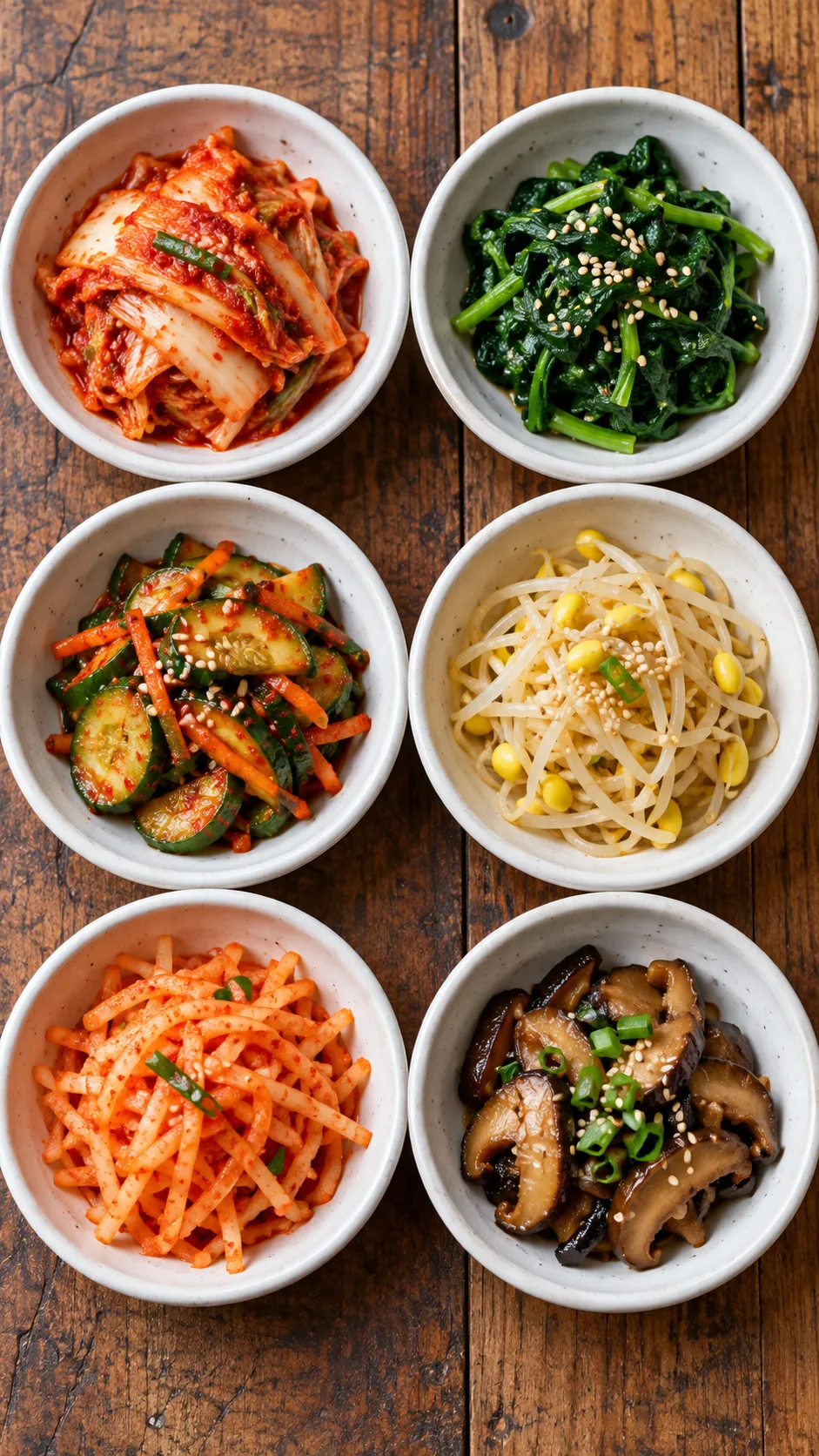 The Korean Diet Meal Plan That Helps You Lose Weight Without Feeling Deprived 5 Top-down flat lay view of six different traditional Korean banchan side dishes in small matching white ceramic dishes on a rustic wooden table
