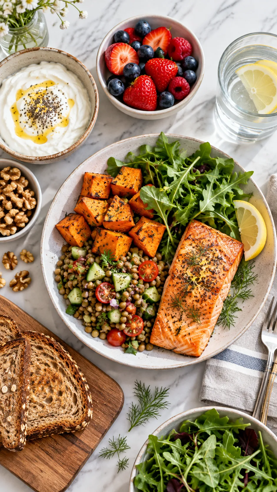 The Fertility Diet Mistakes Most Women Make Before Trying to Conceive 3 Realistic overhead photography of a balanced fertility-supportive meal prep table with salmon, roasted sweet potato, lentil salad, leafy greens, Greek yogurt, berries, walnuts, whole grain toast, and water, bright clean natural lighting, editorial nutrition photography