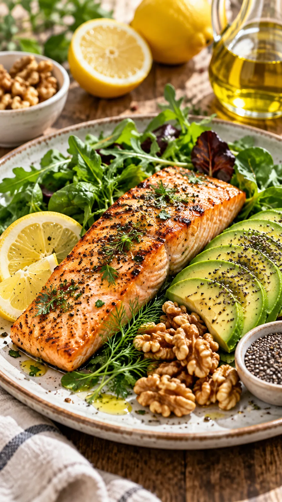 The Fertility Diet Mistakes Most Women Make Before Trying to Conceive 4 Close-up realistic food photography of a fertility diet omega-3 meal featuring grilled salmon, avocado, walnuts, chia seeds, leafy greens, lemon, and olive oil on a ceramic plate, warm daylight, premium wellness editorial style