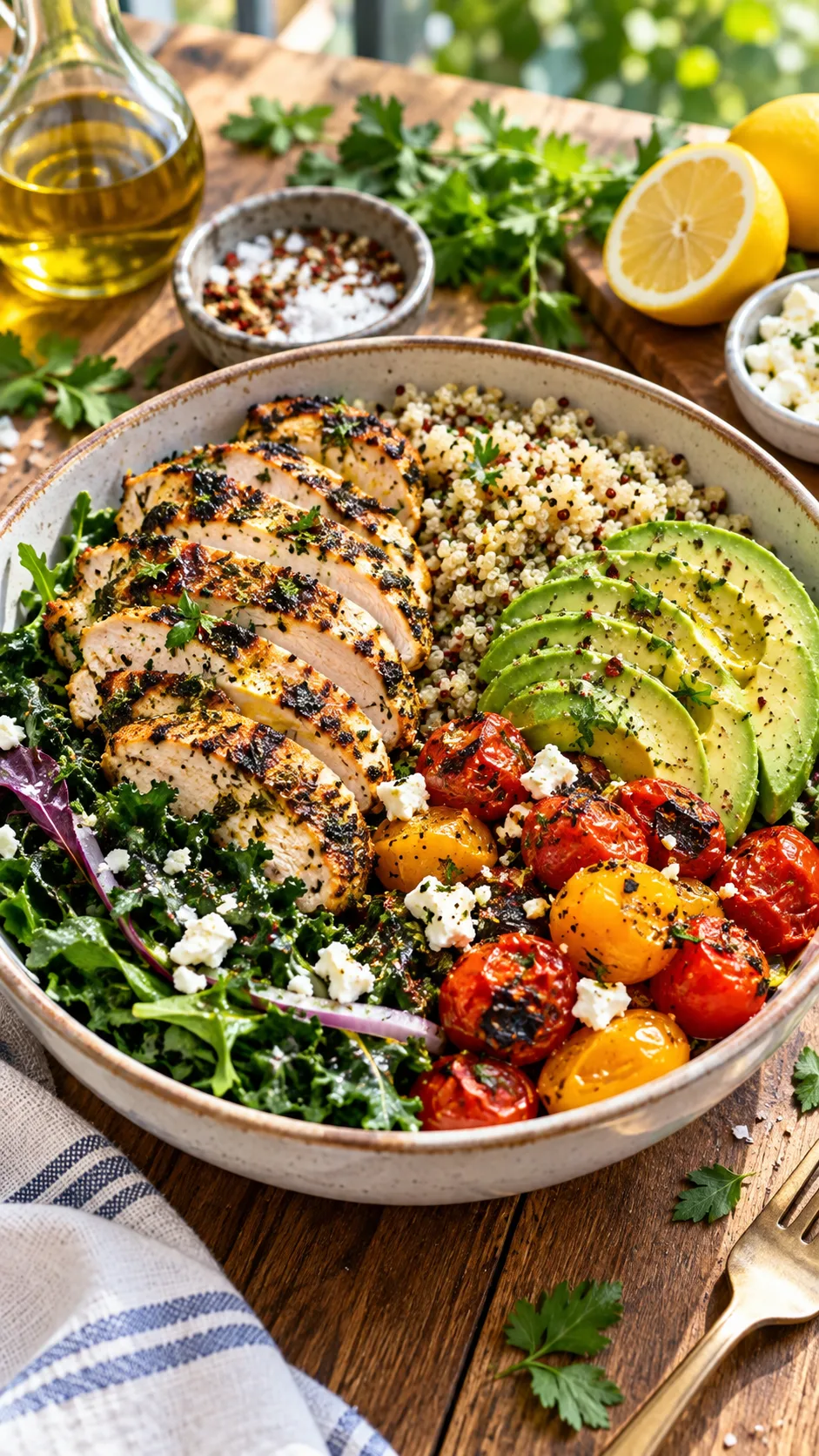 A vibrant, delicious Mediterranean-style dinner bowl featuring grilled herb chicken, colorful roasted cherry tomatoes, sliced avocado, dark leafy greens, and fluffy quinoa on a rustic wooden dining table in bright natural daylight.