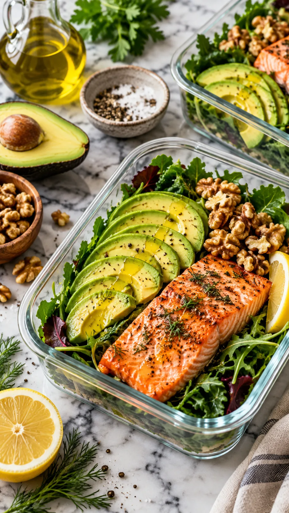 The Ketogenic Diet Plan Beginners Get Wrong (And How to Actually Make It Work) 1 Clean keto meal prep featuring fresh avocado slices, wild salmon, leafy greens, olive oil drizzle, and walnuts on a rustic marble countertop