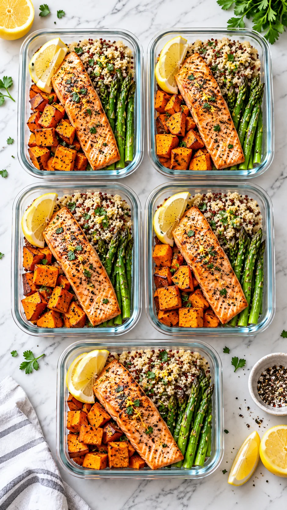 Overhead flat lay of five glass meal prep containers showing pre-portioned colorful healthy foods: roasted salmon, sweet potato chunks, steamed asparagus, quinoa, and lemon wedges on a bright marble countertop.