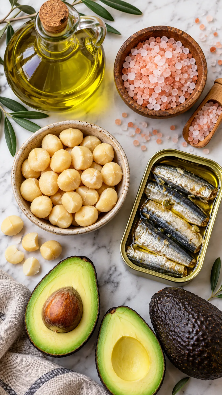 The Ketogenic Diet Plan Beginners Get Wrong (And How to Actually Make It Work) 3 Overhead flat lay of an accurate keto pantry: extra virgin olive oil, pink Himalayan salt, macadamia nuts, sardines, and avocados