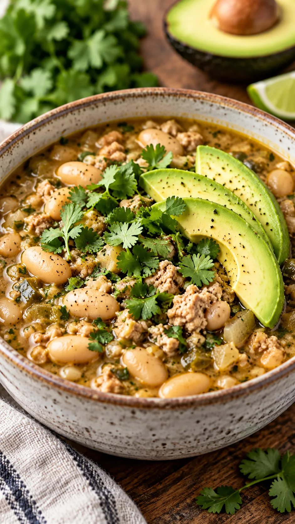A hearty bowl of slow cooker white bean and turkey chili topped with fresh bright green cilantro and avocado slices in a rustic ceramic bowl.