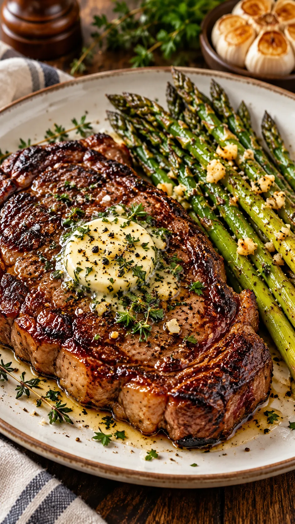 The Ketogenic Diet Plan Beginners Get Wrong (And How to Actually Make It Work) 4 Delicious dinner plate with a cast-iron seared ribeye steak topped with herb butter beside roasted garlic asparagus spears