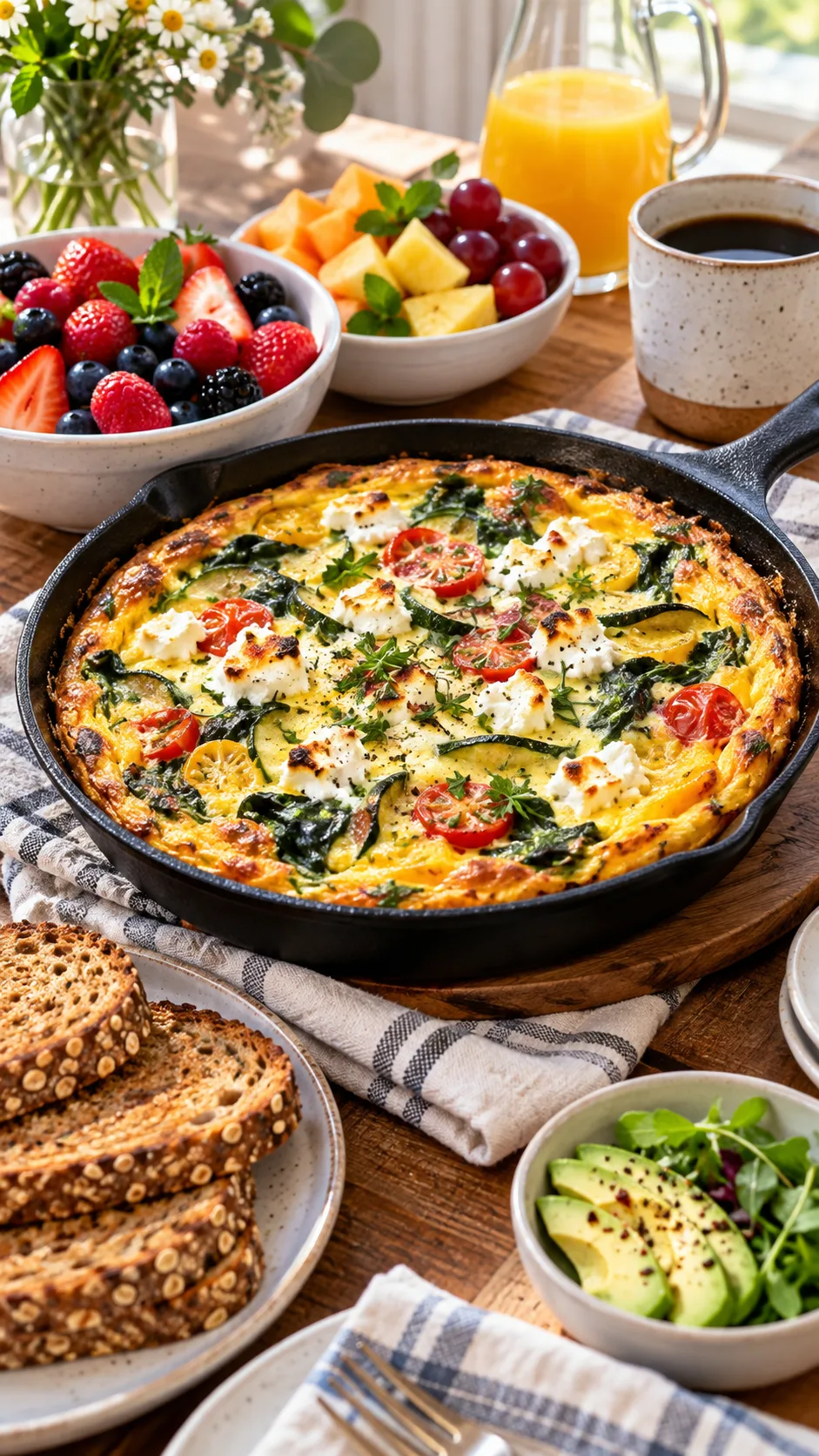 A Sunday brunch table with a freshly baked golden vegetable and goat cheese frittata in a black cast iron skillet, surrounded by fresh fruit bowls and whole grain toast.