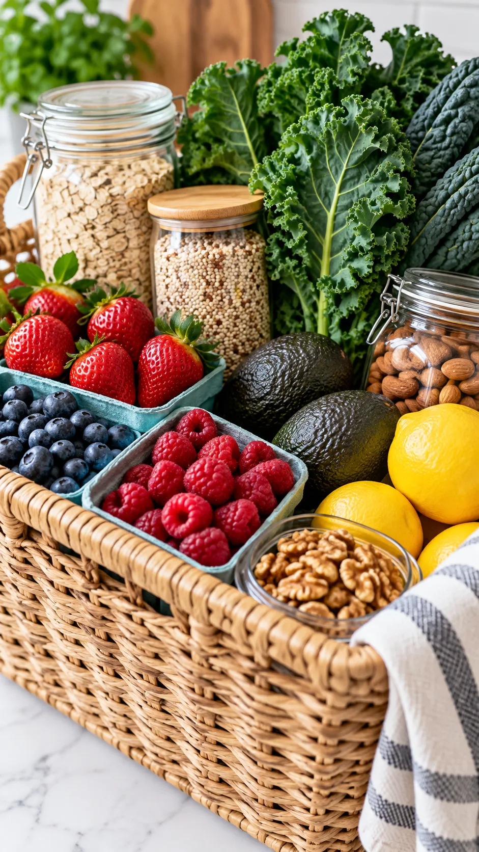 A clean, organized grocery basket filled with fresh produce: vibrant berries, dark leafy kale, avocados, lemons, and pantry staples like whole grains and unsalted nuts.