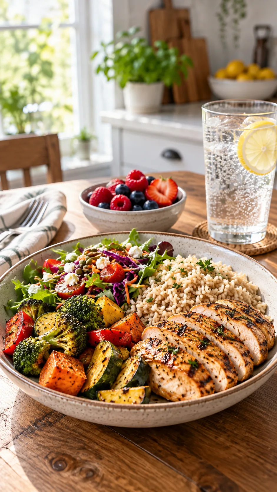 Natural lifestyle food photography of a balanced fat loss meal on a wooden table: grilled chicken, roasted vegetables, brown rice, colourful salad, sparkling water, and a small bowl of berries; bright window light, realistic home kitchen, healthy but satisfying portion sizes