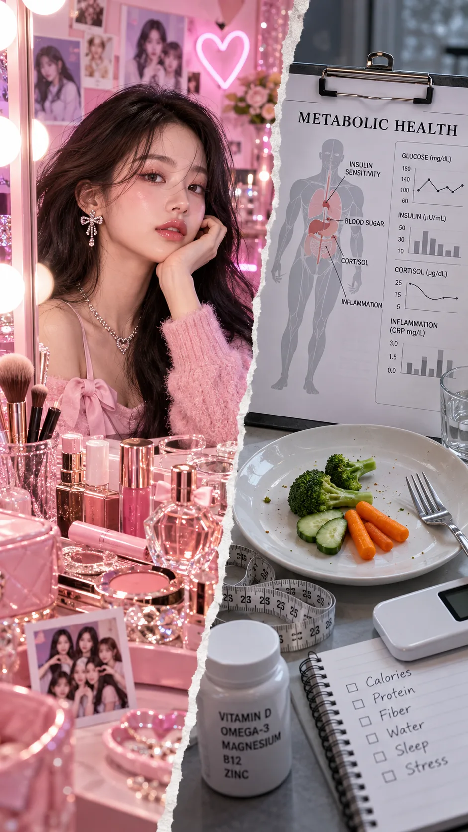 The Toxic Wonyoungism Diet: What It Actually Does to Your Body 1 Editorial split photography showing a glamorous pastel pink K-pop vanity with cosmetics on one side, juxtaposed against a clinical metabolic medical chart and an unfinished tiny plate of raw vegetables on the other side, dramatic lighting.