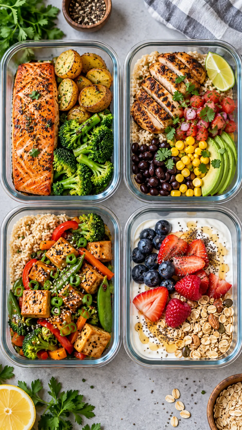 Overhead realistic food photography showing four meal prep containers for sustainable fat loss: salmon with potatoes and broccoli, chicken burrito bowl with beans and salsa, tofu stir fry with rice and vegetables, Greek yogurt with berries and oats; colourful, appetising, high protein balanced meals