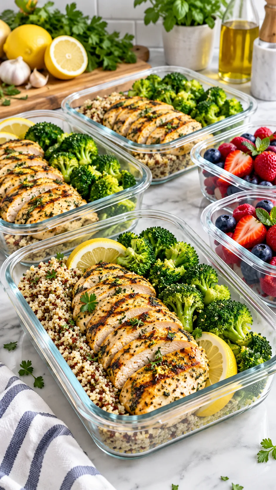 The Zepbound Diet Plan That Finally Makes the Medication Work Harder for You 1 A vibrant, healthy meal prep setup on a kitchen counter featuring grilled lemon herb chicken breast, quinoa, steamed tender broccoli, and fresh berries in glass containers