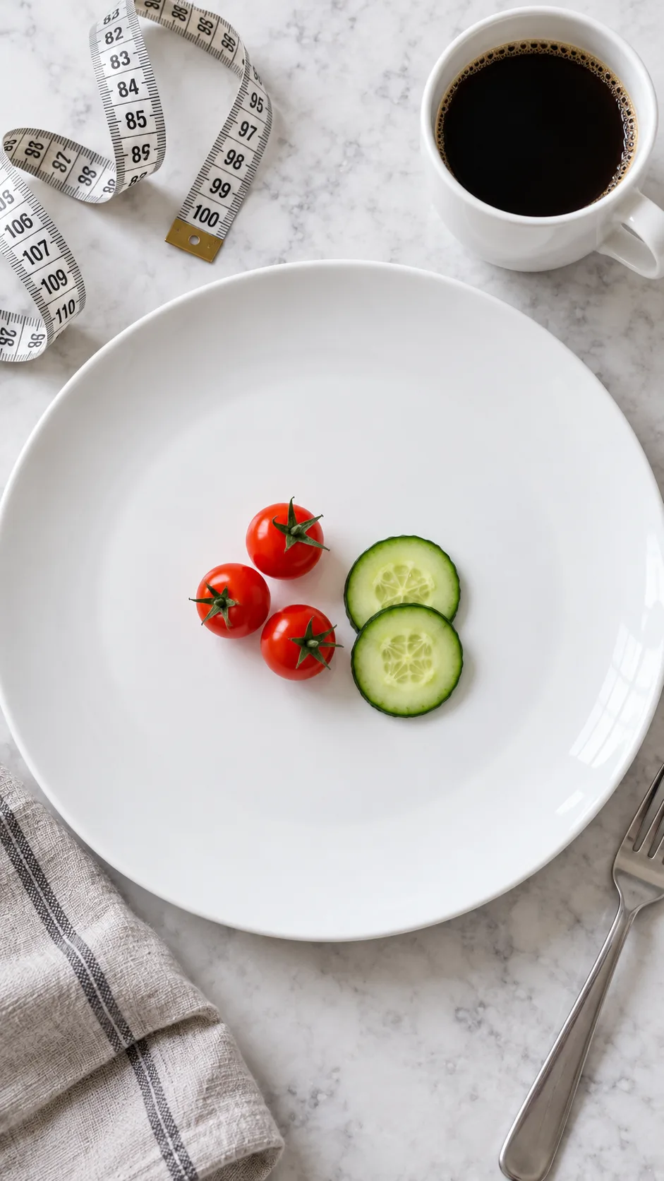 The Toxic Wonyoungism Diet: What It Actually Does to Your Body 2 Close-up overhead flat lay of a dangerously restrictive diet meal: an oversized white plate holding only three cherry tomatoes and two cucumber slices, alongside a cup of black coffee and a measuring tape.