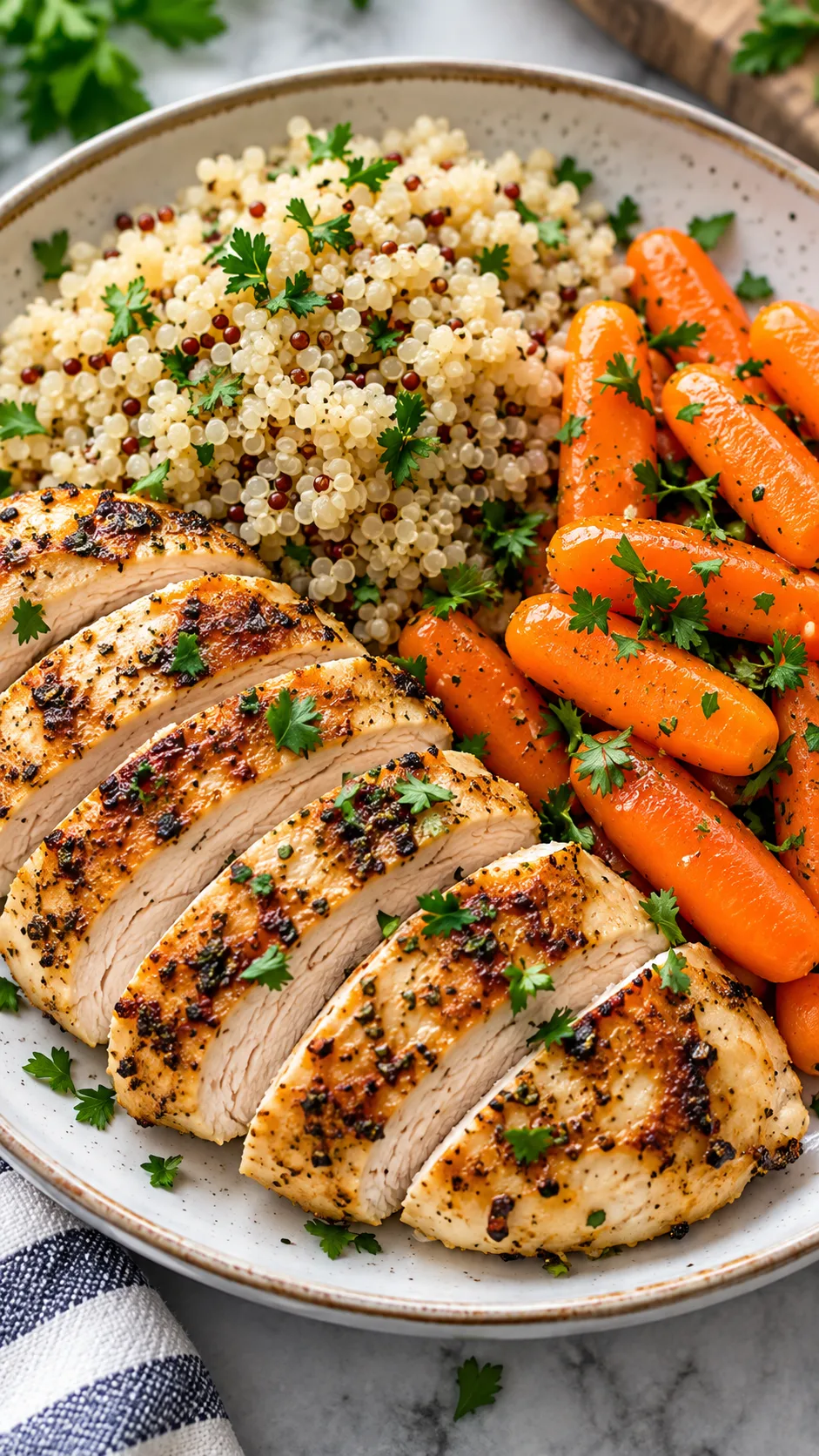 The Zepbound Diet Plan That Finally Makes the Medication Work Harder for You 3 Close up of a balanced plate showing sliced grilled chicken breast, a scoop of fluffy quinoa, and steamed baby carrots with chopped parsley