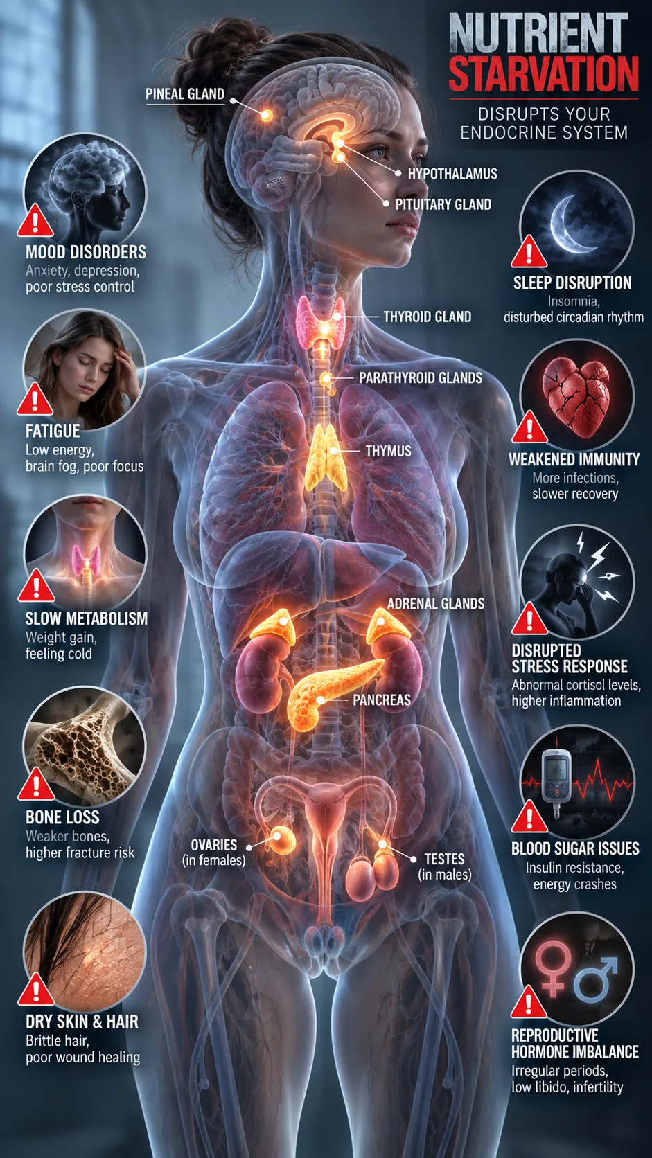 The Toxic Wonyoungism Diet: What It Actually Does to Your Body 3 Conceptual medical visual showing an anatomical outline of human endocrine glands surrounded by warning symbols, soft clinical lighting, showing the negative physiological effects of nutrient starvation.