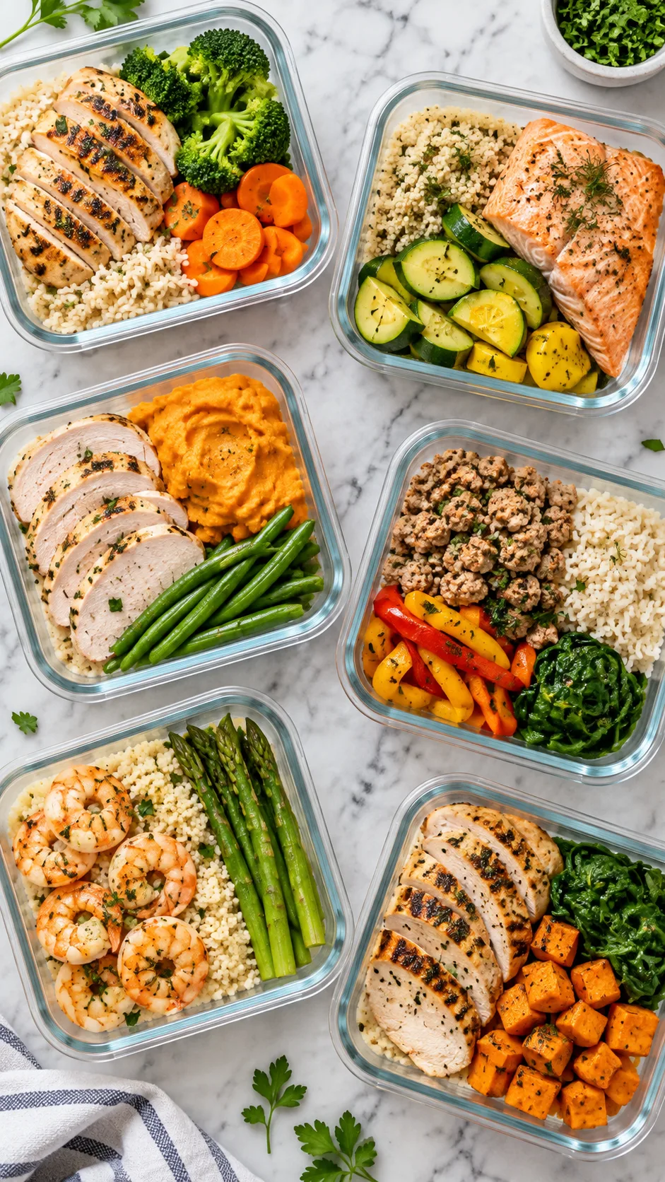 The Zepbound Diet Plan That Finally Makes the Medication Work Harder for You 4 Overhead view of several small glass meal containers filled with healthy portions of lean proteins, soft vegetables, and gentle starches arranged on a marble table