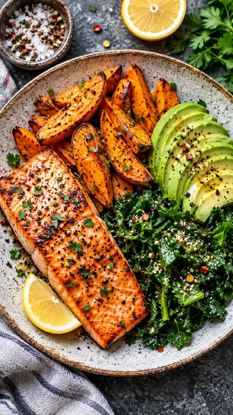 The Toxic Wonyoungism Diet: What It Actually Does to Your Body 4 Vibrant, appetizing overhead flat lay of a truly healthy meal: grilled salmon fillet, roasted sweet potato wedges, creamy avocado slices, and dark leafy greens on a textured ceramic plate.