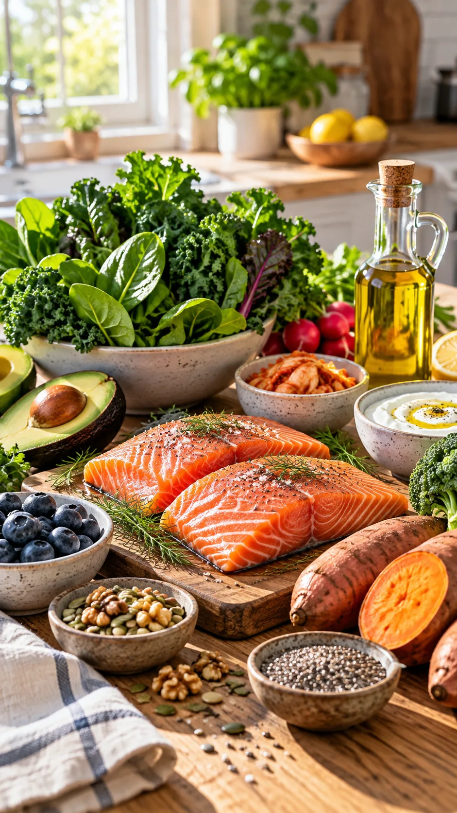 The Elimination Diet Phase 1 Mistakes That Keep You Stuck (And What to Do Instead) 1 A vibrant, clean kitchen table featuring a colorful array of gut-friendly whole foods like wild salmon, leafy greens, sweet potatoes, and extra virgin olive oil, captured in soft natural morning light.