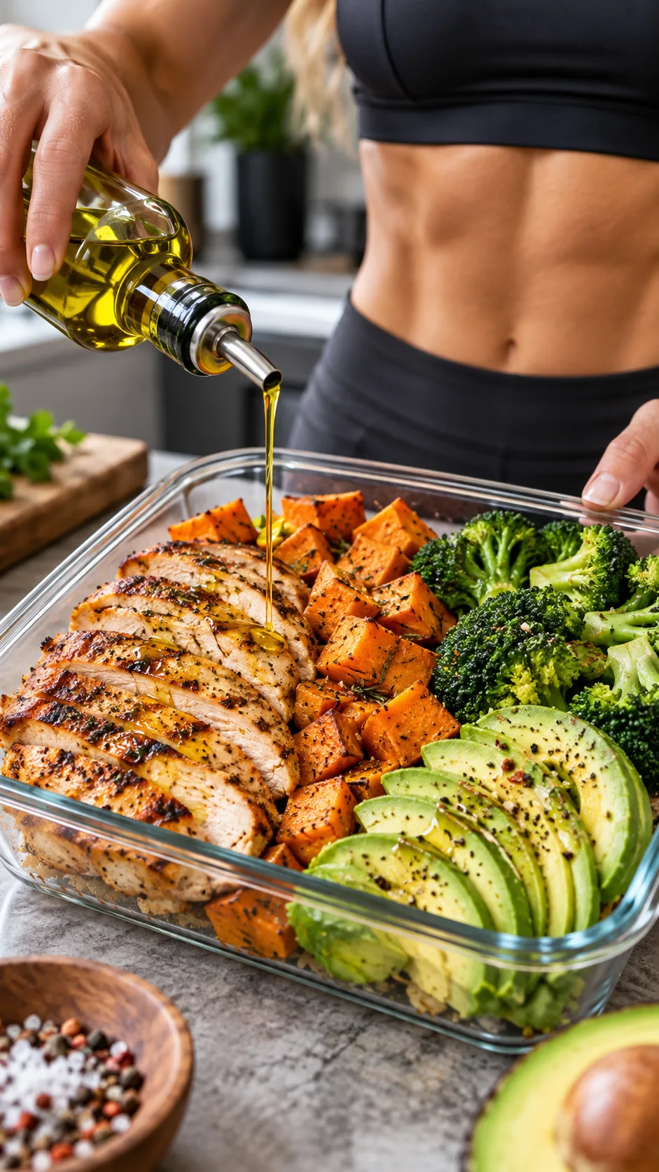 The Elimination Diet Phase 1 Mistakes That Keep You Stuck (And What to Do Instead) 3 A close-up shot of an athlete preparing a large, nutrient-dense meal prep container filled with sliced grilled chicken, roasted sweet potatoes, fresh avocado slices, and steamed broccoli drizzled with olive oil.