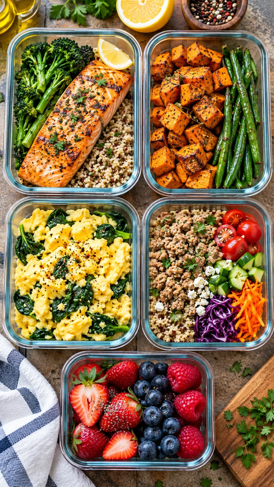 The 2000 Calorie Meal Plan That Actually Keeps You Full All Day 1 A vibrant flat-lay meal prep setup showing five colorful glass containers with balanced meals: grilled salmon, roasted sweet potatoes, fluffy scrambled eggs with spinach, quinoa turkey bowls, and fresh berries against a rustic kitchen counter.