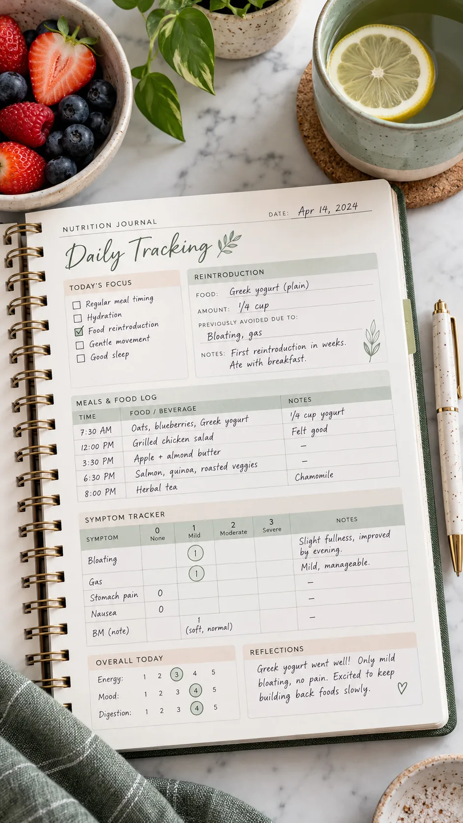 The Elimination Diet Phase 1 Mistakes That Keep You Stuck (And What to Do Instead) 4 A clean, top-down flat lay photograph of a modern nutrition journal next to a ceramic pen, open to a daily tracking page showing reintroduction notes and symptom scores.