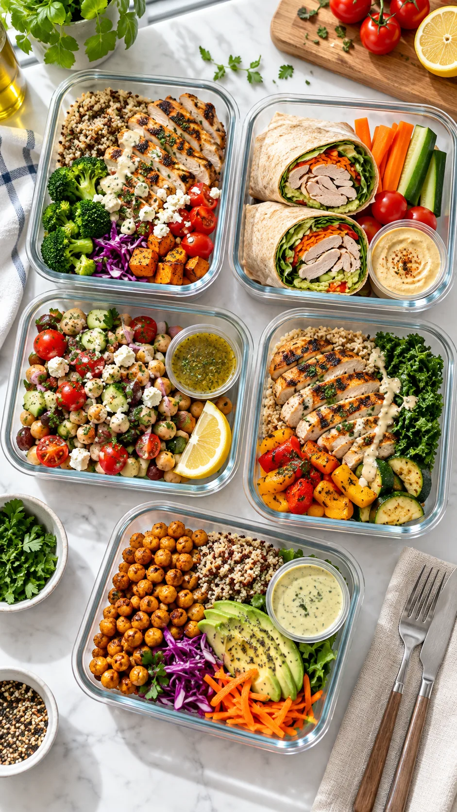 Work Lunch Meal Prep Made Easy: Healthy, High-Protein Ideas You'll Actually Want to Eat 1 Bright realistic overhead food photography of five colorful high-protein work lunch meal prep containers on a clean kitchen counter, including chicken grain bowls, turkey wraps, chickpea salads, vegetables, sauces in small cups, reusable cutlery, natural window light, practical weekday meal prep aesthetic