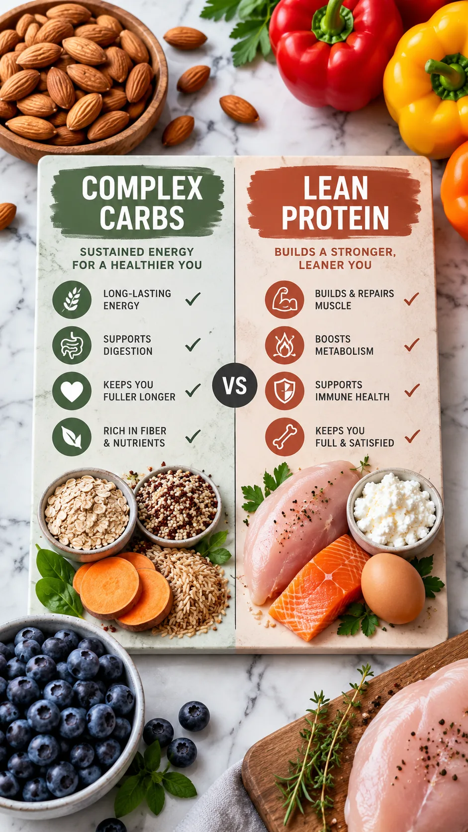 The 2000 Calorie Meal Plan That Actually Keeps You Full All Day 2 Macro split visual chart presented cleanly on a modern marble tabletop, flanked by fresh whole foods: raw almonds, colorful bell peppers, wild blueberries, and a lean chicken breast.