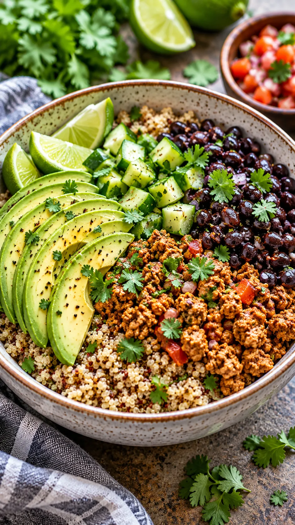 The 2000 Calorie Meal Plan That Actually Keeps You Full All Day 3 A large, beautifully composed Mexican-style quinoa power bowl featuring seasoned ground turkey, black beans, sliced avocado, diced cucumbers, and fresh cilantro in a ceramic bowl.