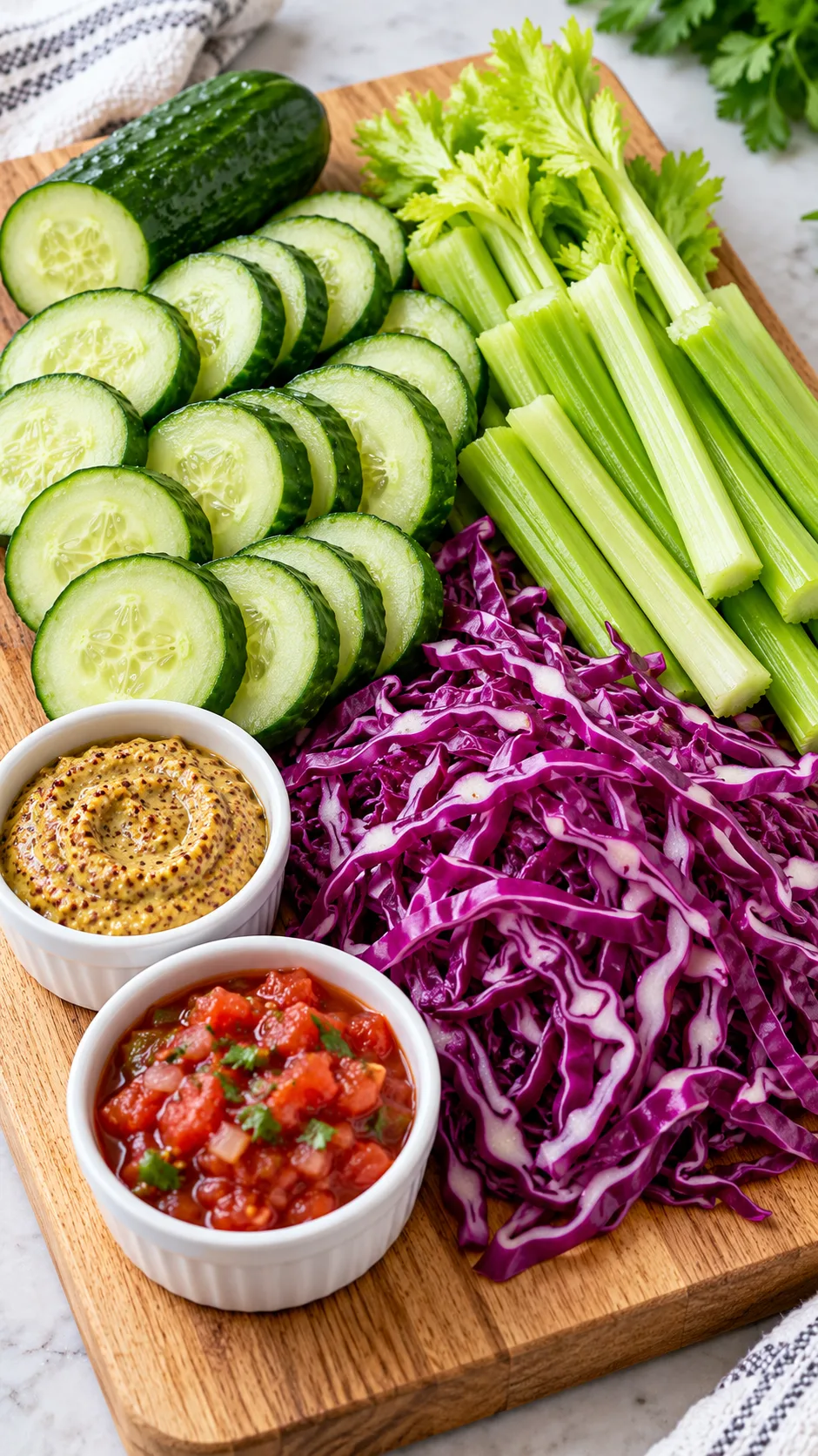 The 2000 Calorie Meal Plan That Actually Keeps You Full All Day 4 A clean cutting board loaded with fresh, crisp volume-eating staples: sliced English cucumbers, crunchy celery stalks, vibrant red cabbage ribbons, and small ramekins of spicy mustard and salsa.