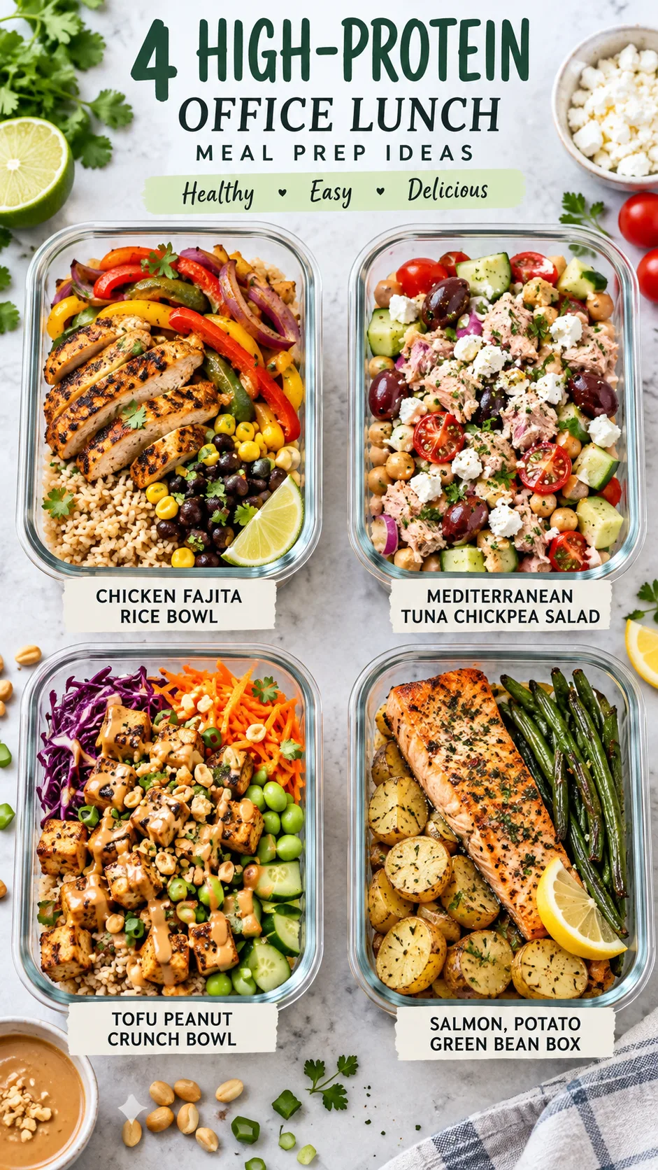 Work Lunch Meal Prep Made Easy: Healthy, High-Protein Ideas You'll Actually Want to Eat 3 Editorial food photography showing four healthy high-protein office lunch meal prep ideas in individual containers: chicken fajita rice bowl, Mediterranean tuna chickpea salad, tofu peanut crunch bowl, and salmon potato green bean box, colorful ingredients, clean bright background, realistic textures