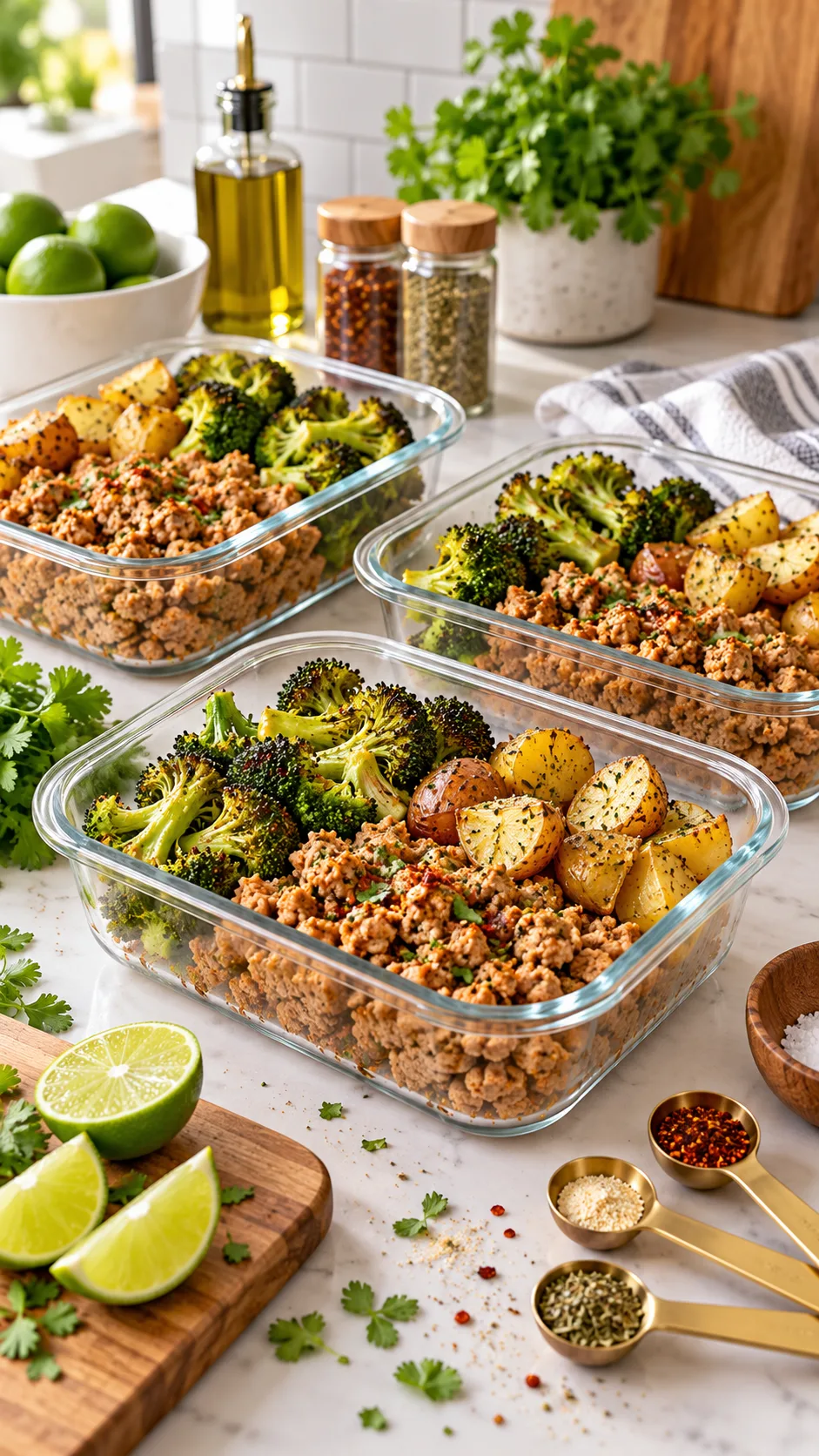 The 2000 Calorie Meal Plan That Actually Keeps You Full All Day 5 A modern bright kitchen counter showing glass meal containers packed with seasoned turkey, roasted broccoli, and baby potatoes, with measuring spoons, lime wedges, and spices scattered neatly around.