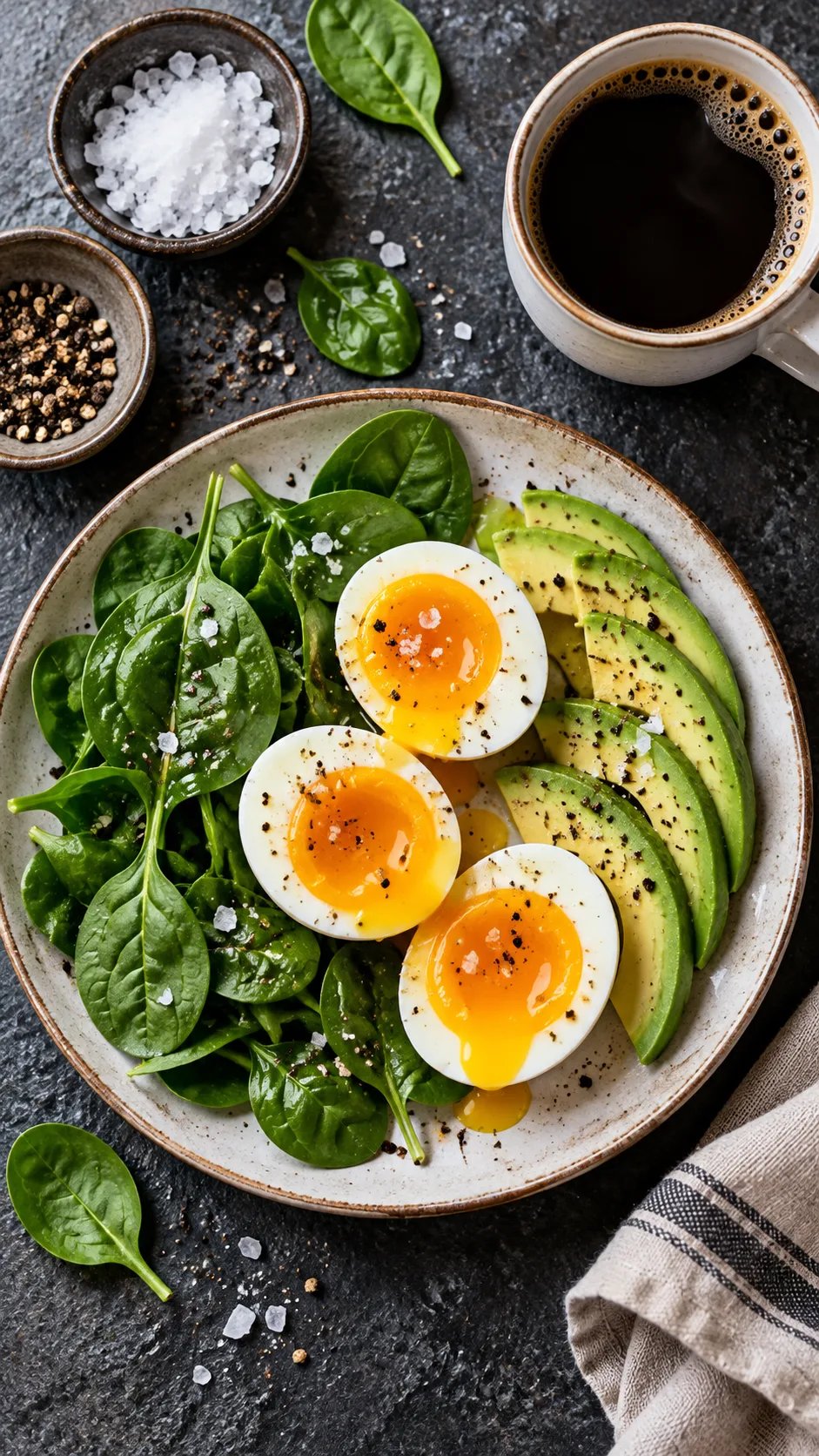 The Egg Diet 10kg in 10 Days Plan That Actually Works (And What Most People Get Wrong) 1 Top-down flat lay photograph of a modern minimalist breakfast spread featuring three soft-boiled eggs sliced open showing runny golden yolks, surrounded by fresh baby spinach, sliced avocado, sea salt flakes, and black coffee on a rustic slate surface