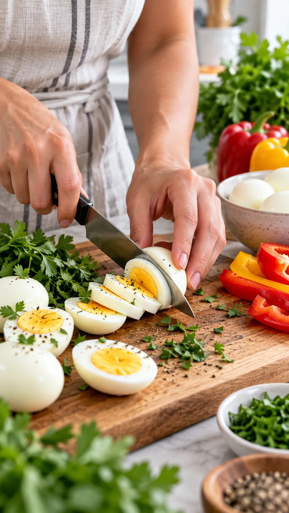 The Egg Diet 10kg in 10 Days Plan That Actually Works (And What Most People Get Wrong) 2 Close-up documentary-style shot of a person preparing healthy boiled eggs in a clean kitchen, slicing hard-boiled eggs with fresh green herbs and colorful bell peppers nearby