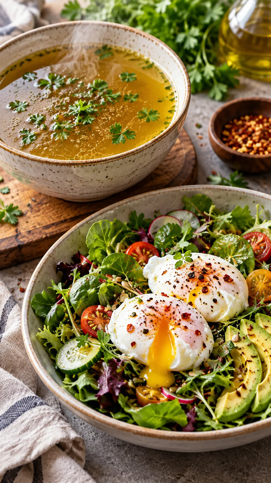 The Egg Diet 10kg in 10 Days Plan That Actually Works (And What Most People Get Wrong) 3 A beautifully styled bowl of warm bone broth alongside a fresh green salad with baby greens and two perfectly poached eggs garnished with red chili flakes