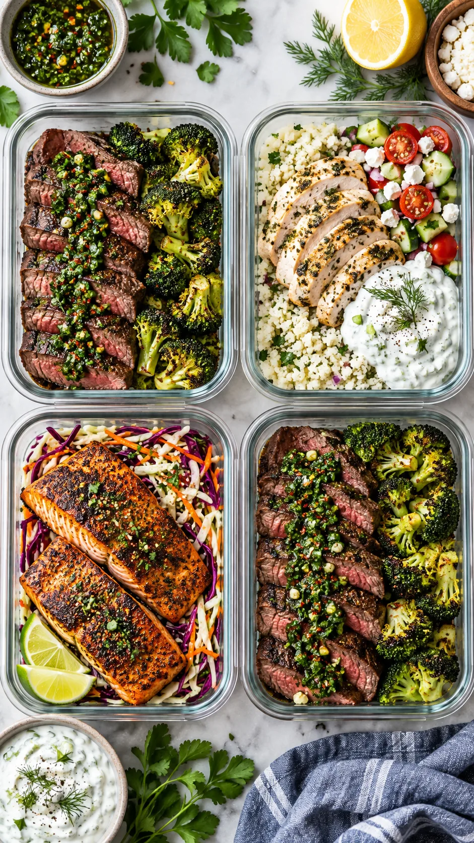 Overhead aesthetic flat-lay photo of four glass meal prep containers filled with colorful high-protein low-carb lunches: chimichurri steak strips with roasted broccoli, Greek chicken with tzatziki and cauliflower rice, and blackened salmon with slaw.