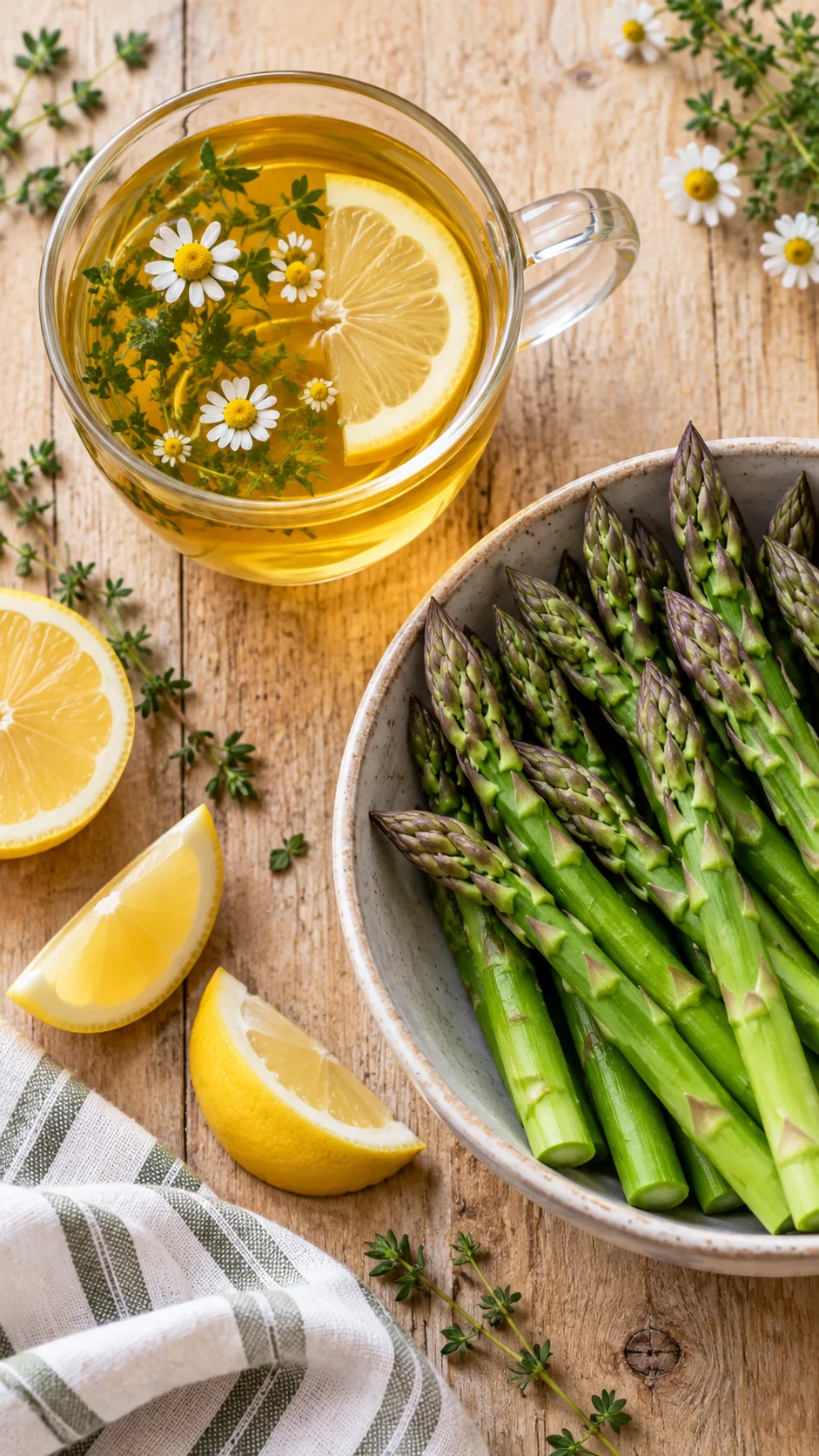 The Egg Diet 10kg in 10 Days Plan That Actually Works (And What Most People Get Wrong) 4 Overhead shot of a clear glass tea mug filled with warm herbal tea beside a bowl of fresh asparagus spears and lemon wedges on a light wooden table