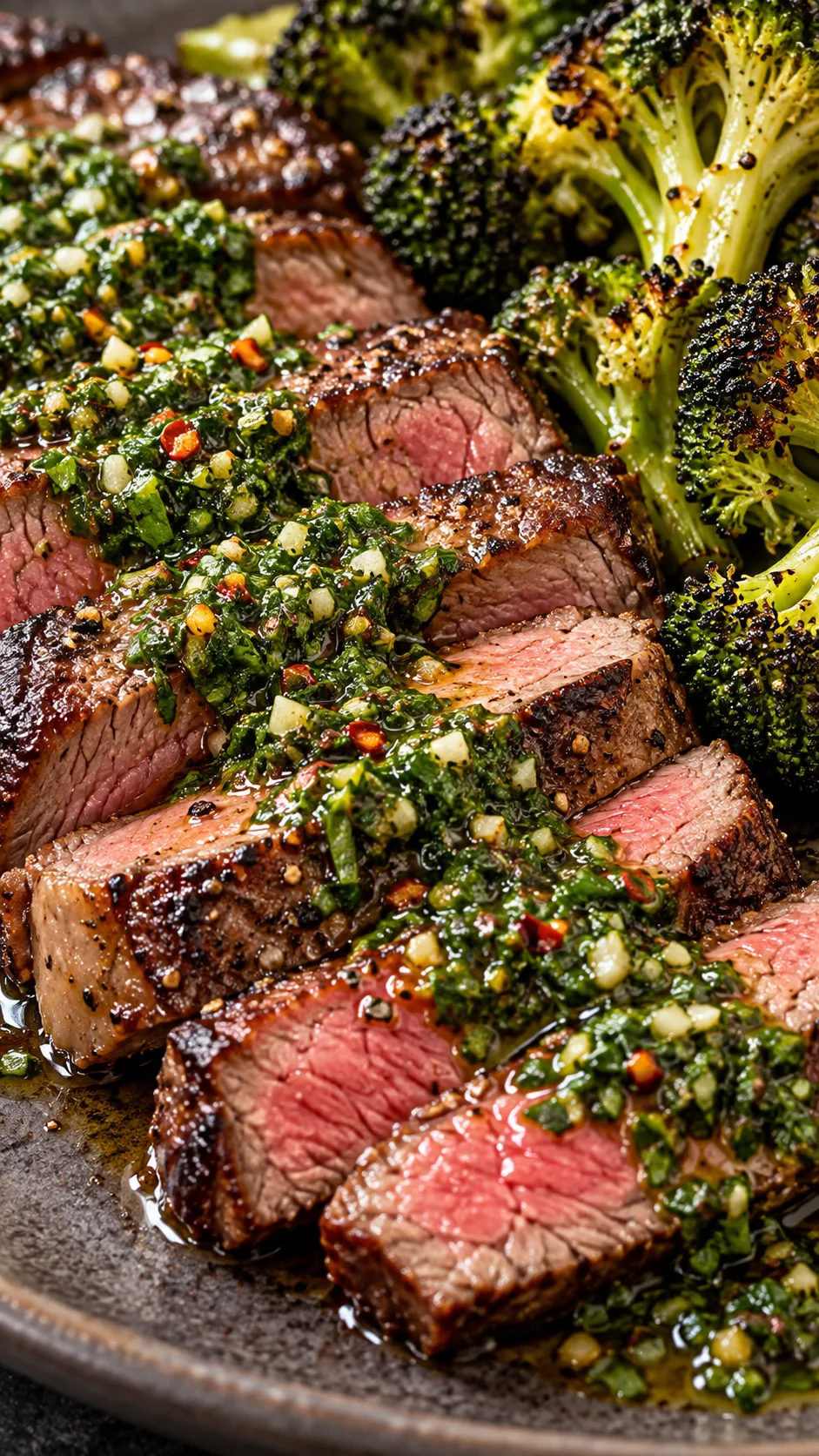 Close-up macro photography of seared sirloin steak sliced against the grain, topped with vibrant green homemade chimichurri sauce beside charred roasted broccoli florets.