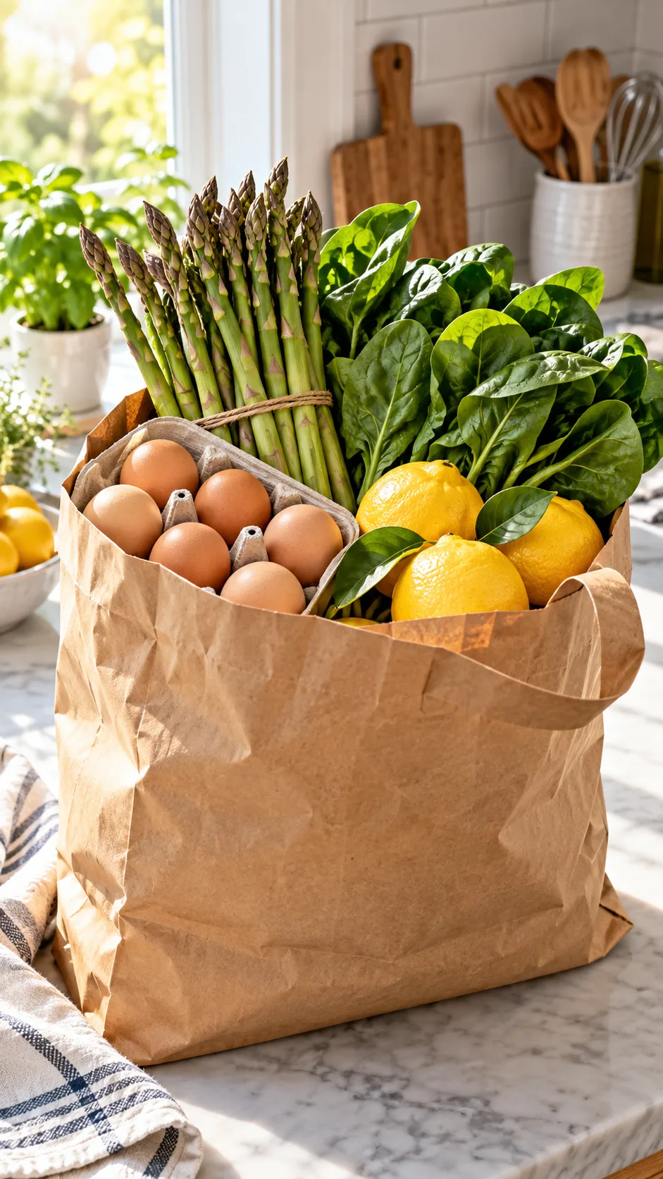 The Egg Diet 10kg in 10 Days Plan That Actually Works (And What Most People Get Wrong) 5 A bright kitchen counter holding an open brown paper grocery bag filled with fresh carton eggs, bundles of asparagus, crisp spinach, and lemons in morning sunlight