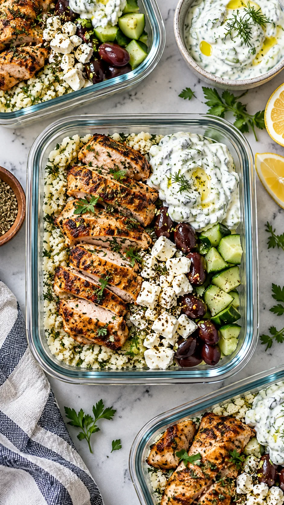 Top-down shot of meal prep bowls featuring tender Greek marinated chicken thighs, herbed cauliflower rice, diced cucumbers, kalamata olives, feta cheese, and creamy tzatziki sauce.