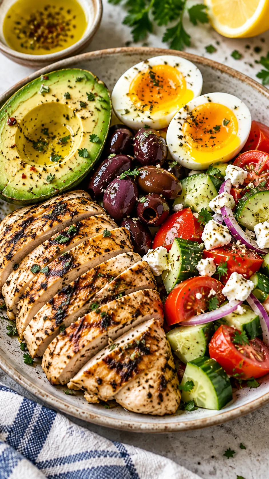 The Egg Diet 10kg in 10 Days Plan That Actually Works (And What Most People Get Wrong) 6 A mouth-watering Mediterranean lunch plate featuring sliced grilled chicken, half an avocado, soft boiled egg, kalamata olives, and a side of fresh tomato-cucumber salad