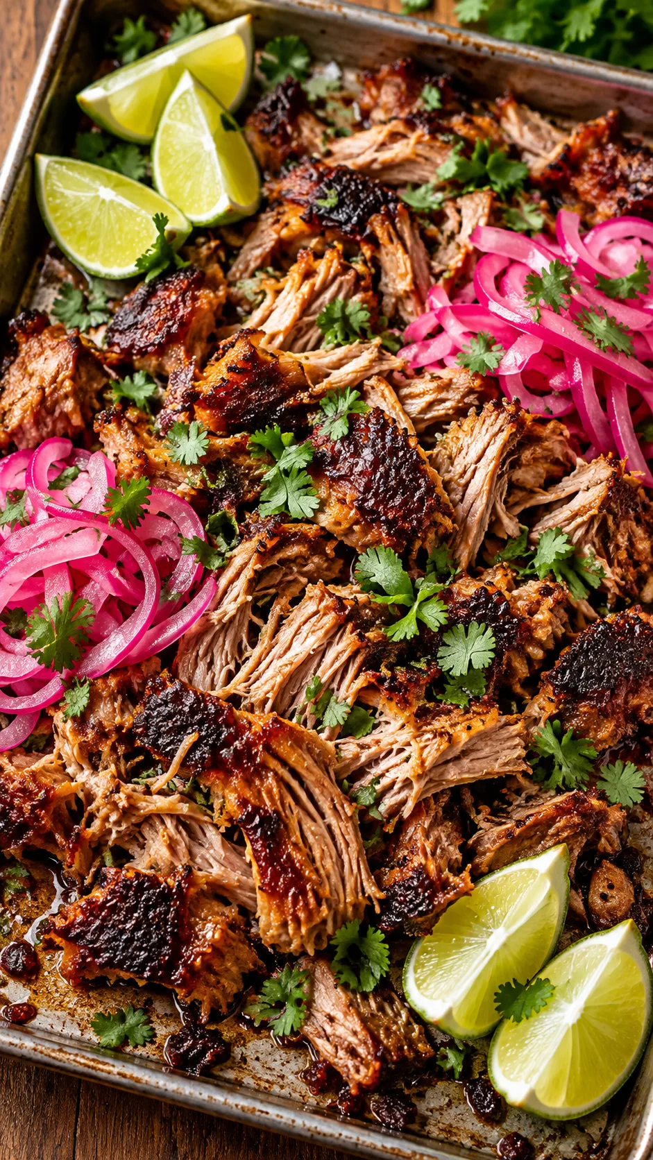 Slow cooker carnitas shredded on a baking tray with charred crispy bits, garnished with fresh lime wedges, pickled red onions, and chopped fresh cilantro.