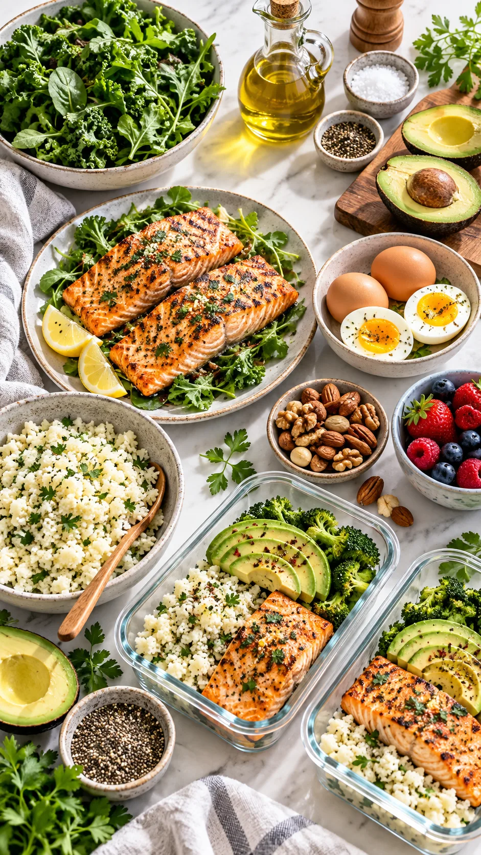 Bright overhead food photography of a keto meal plan spread on a clean kitchen table, including grilled salmon, avocado, eggs, leafy greens, olive oil, nuts, cauliflower rice, berries, meal prep containers, natural morning light, realistic editorial wellness magazine style