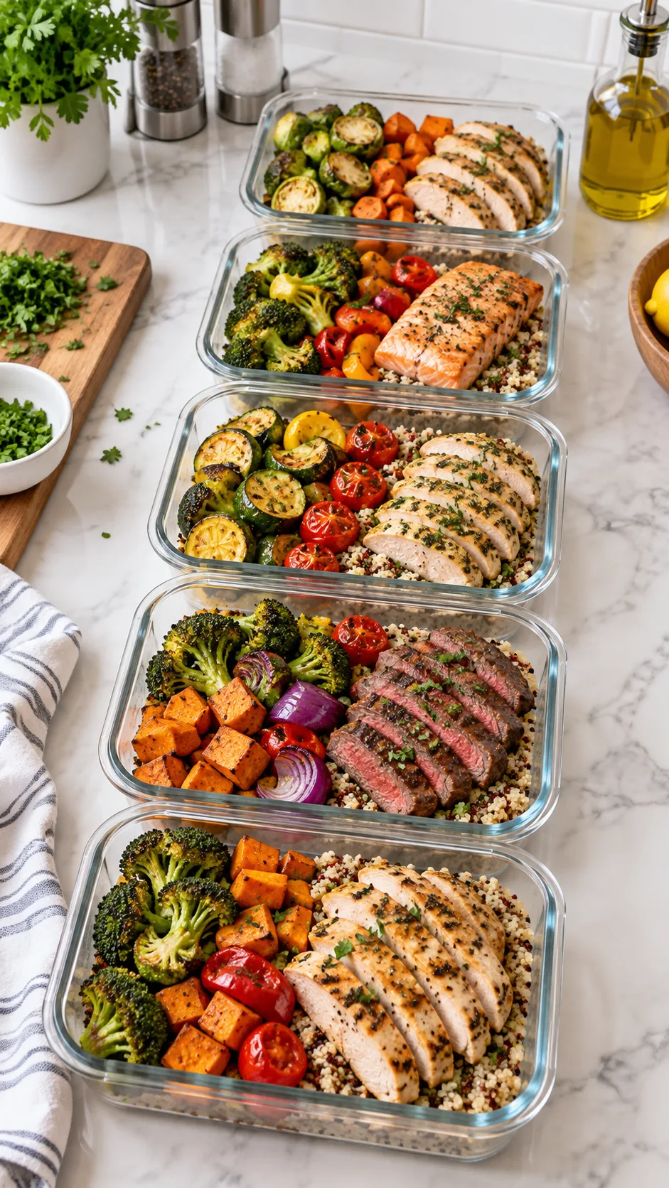 High-angle shot of a clean kitchen counter featuring five glass meal prep containers lined up in an assembly line with roasted vegetables and sliced proteins ready for packaging.