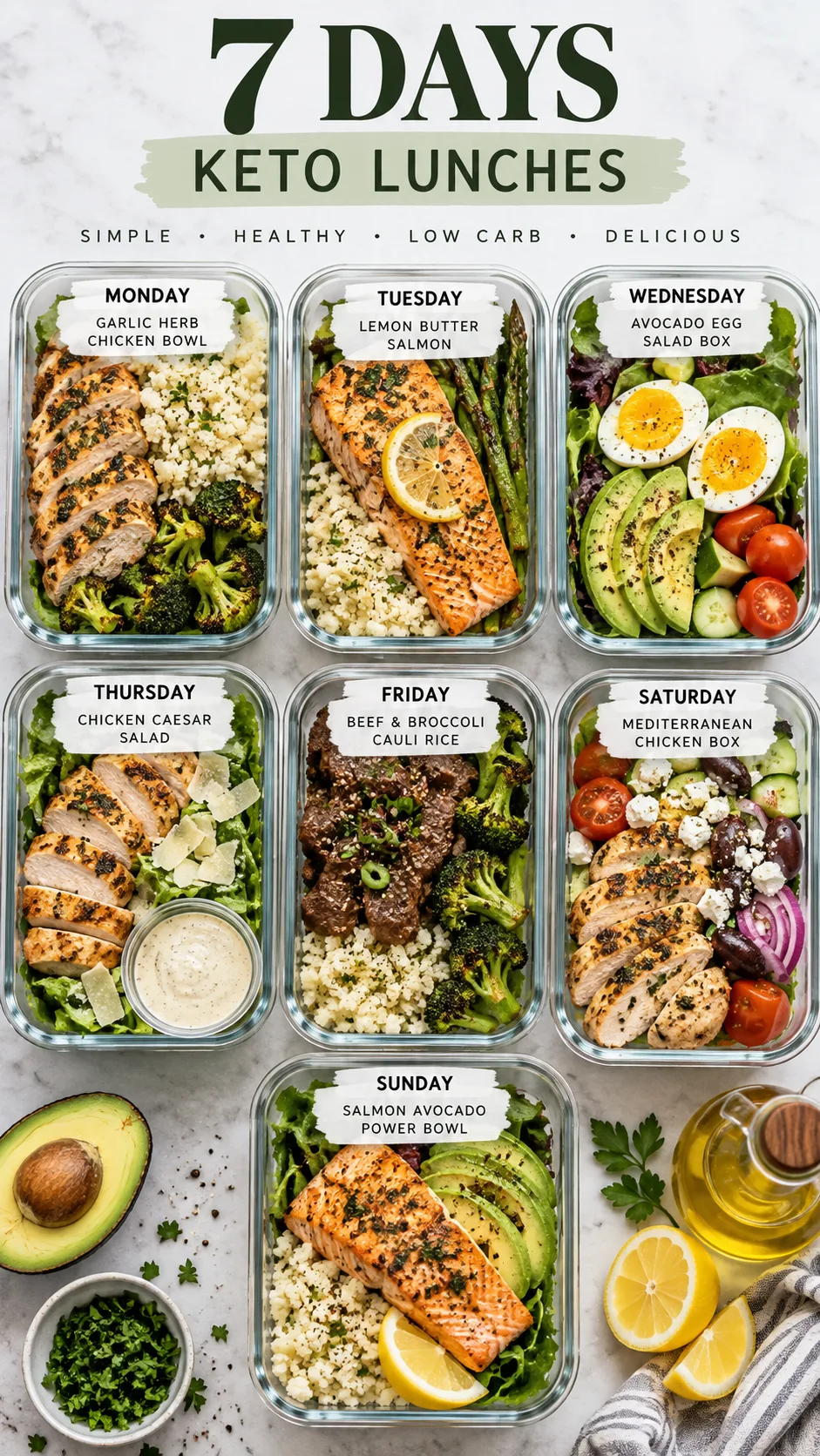 Realistic meal prep photography showing seven labeled low-carb keto lunch containers arranged for a weekly plan, grilled chicken, salmon, cauliflower rice, roasted broccoli, avocado, eggs, salad greens, olive oil dressing, clean neutral background, high-detail natural light