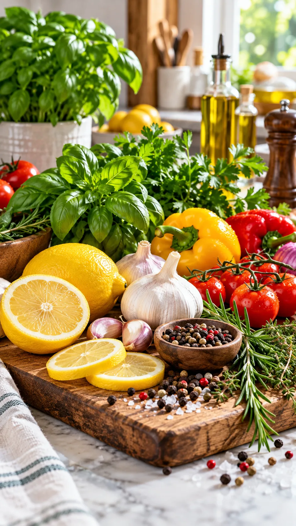 The Low Sodium Diet Mistakes Most Beginners Make (And How to Finally Get It Right) 1 A vibrant kitchen counter displaying colorful fresh herbs, garlic cloves, sliced lemons, whole peppercorns, and vibrant fresh vegetables, bright natural lighting, professional food photography