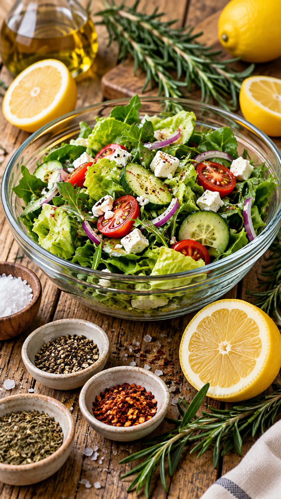 The Low Sodium Diet Mistakes Most Beginners Make (And How to Finally Get It Right) 2 A glass bowl of fresh green salad surrounded by halved lemons, fresh rosemary sprigs, and small pinch bowls of ground spices on a rustic wooden table