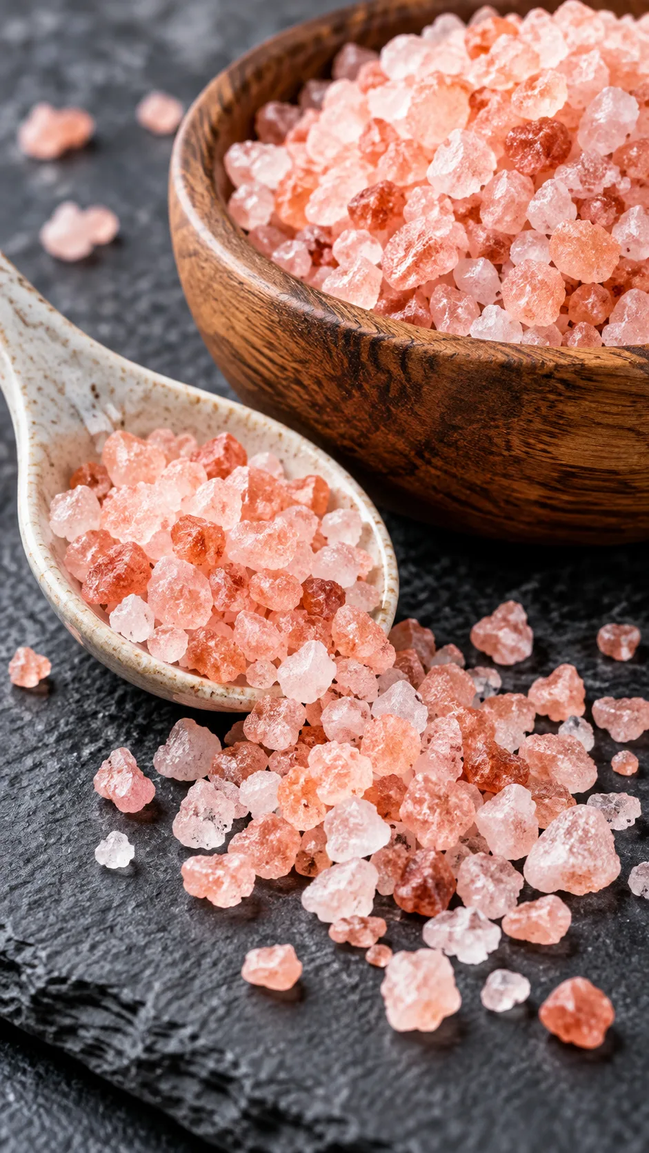The Low Sodium Diet Mistakes Most Beginners Make (And How to Finally Get It Right) 3 Coarse pink Himalayan salt granules spilling from a ceramic spoon next to a wooden bowl on a slate surface, macro food photography