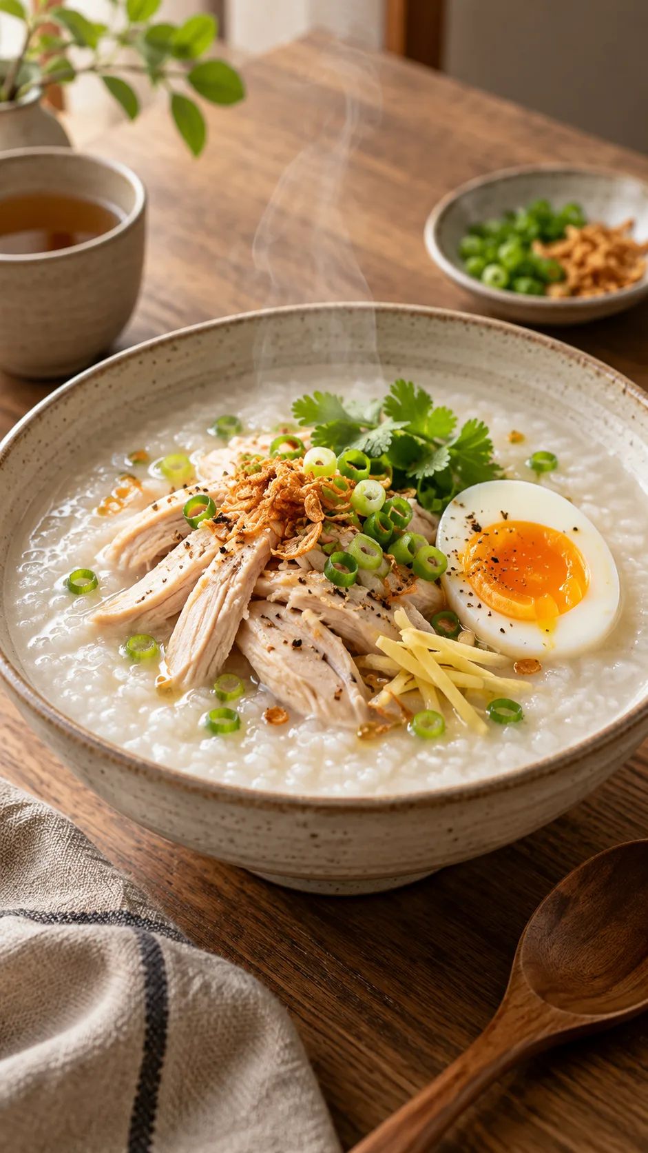 Low Fiber Diet Done Right: What to Eat, What to Skip & Why It Works 1 A warm, soothing bowl of smooth white rice congee topped with tender poached chicken and a soft-boiled egg, steam rising gently on a minimalist wooden dining table