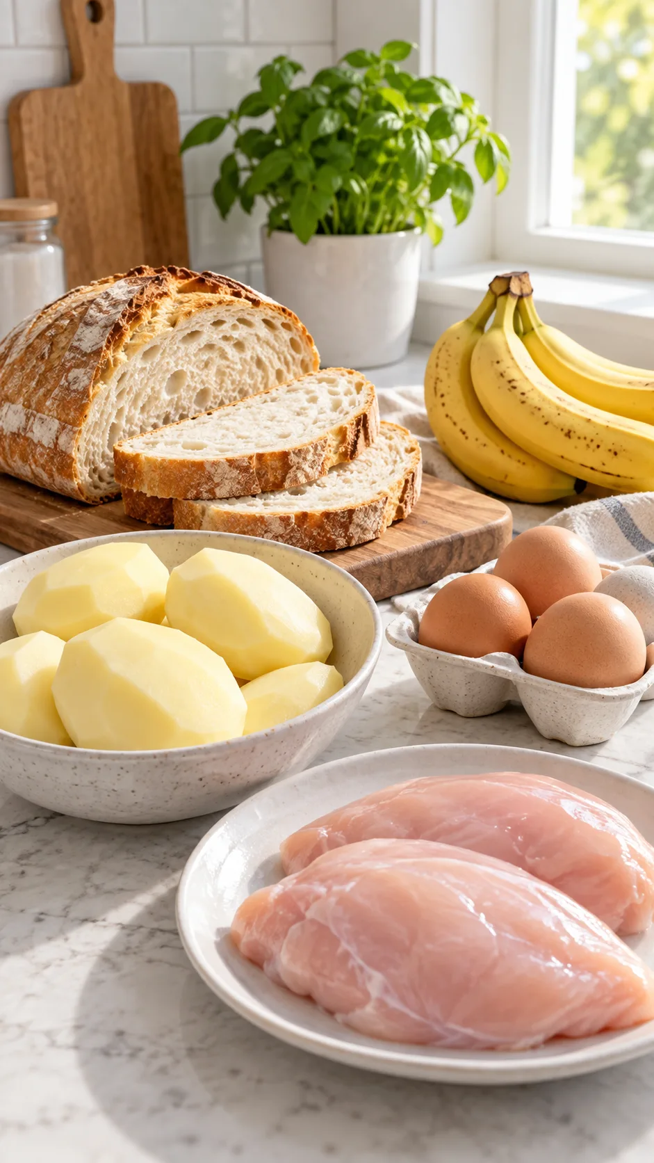 Low Fiber Diet Done Right: What to Eat, What to Skip & Why It Works 2 Clean kitchen counter showing simple low-fiber groceries: peeled potatoes, white sourdough bread, eggs, skinless chicken breast, and ripe bananas in natural daylight