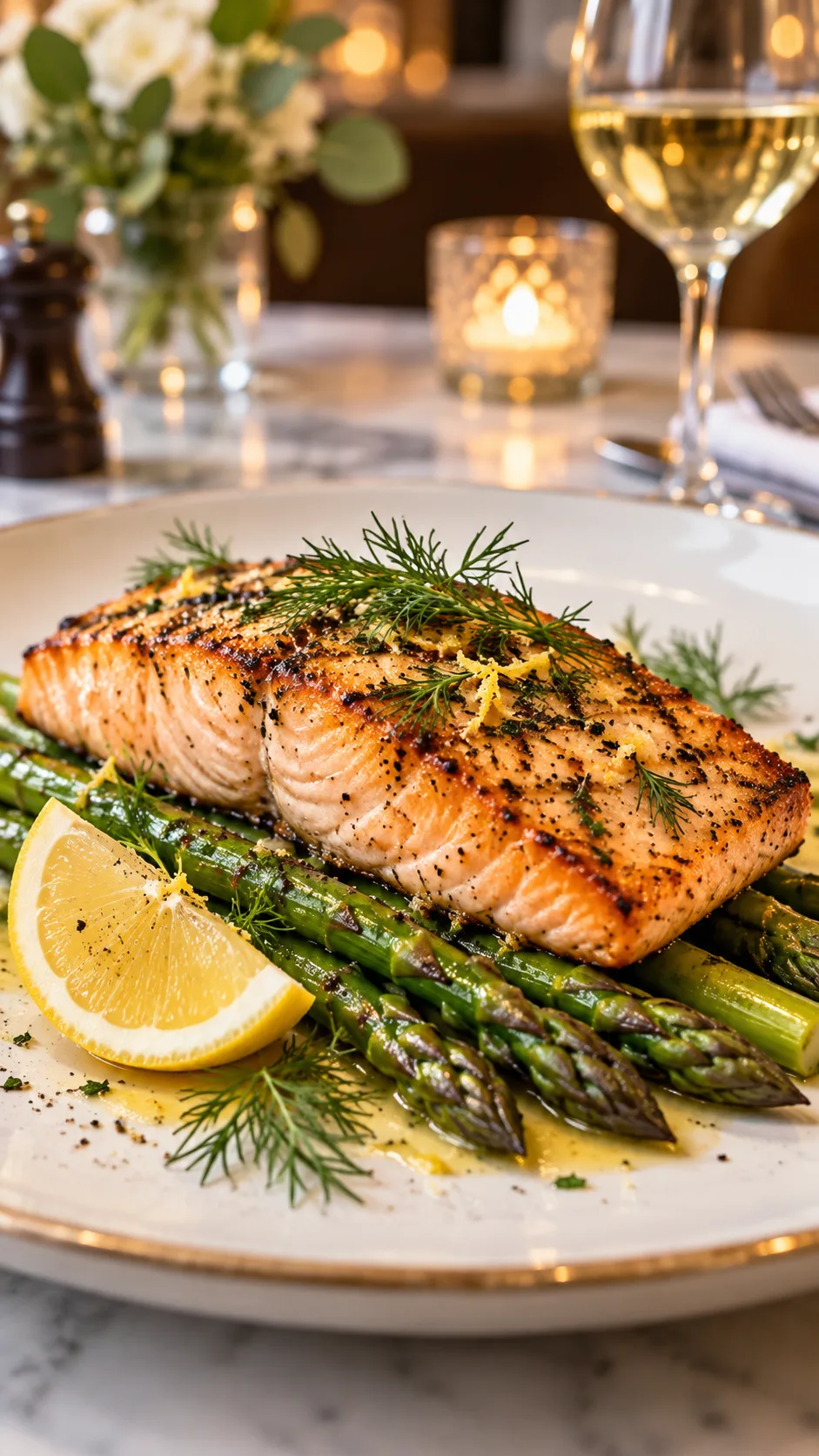 The Low Sodium Diet Mistakes Most Beginners Make (And How to Finally Get It Right) 5 A beautifully plated piece of grilled salmon resting on a bed of bright green asparagus with a lemon wedge and fresh dill, restaurant table setting