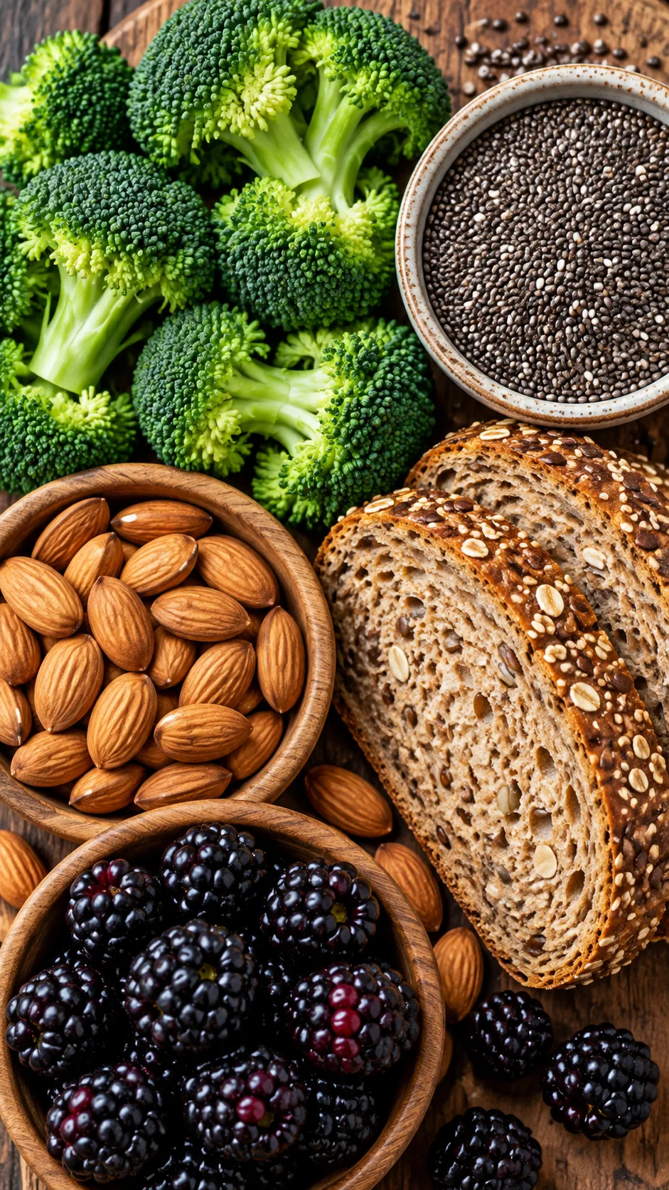Low Fiber Diet Done Right: What to Eat, What to Skip & Why It Works 3 Overhead view of forbidden high fiber foods grouped together: raw broccoli florets, chia seeds, whole grain seeded bread, raw almonds, and blackberries
